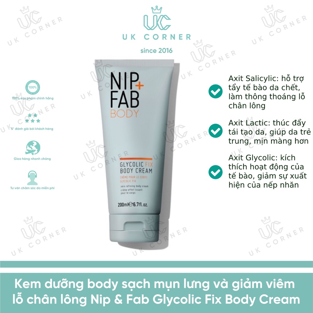 Kem dưỡng body sạch mụn lưng và giảm viêm lỗ chân lông Nip &amp; Fab Glycolic Fix Body Cream