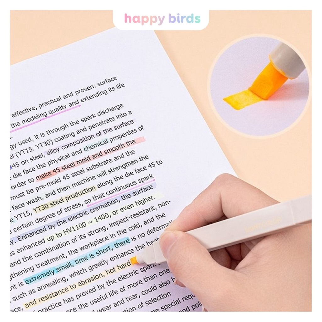 Bút highlight pastel bộ 6 bút 2 đầu thân vuông ghi nhớ đánh dấu dạ quang tặng bộ sticker trang trí DIY HappyBirds