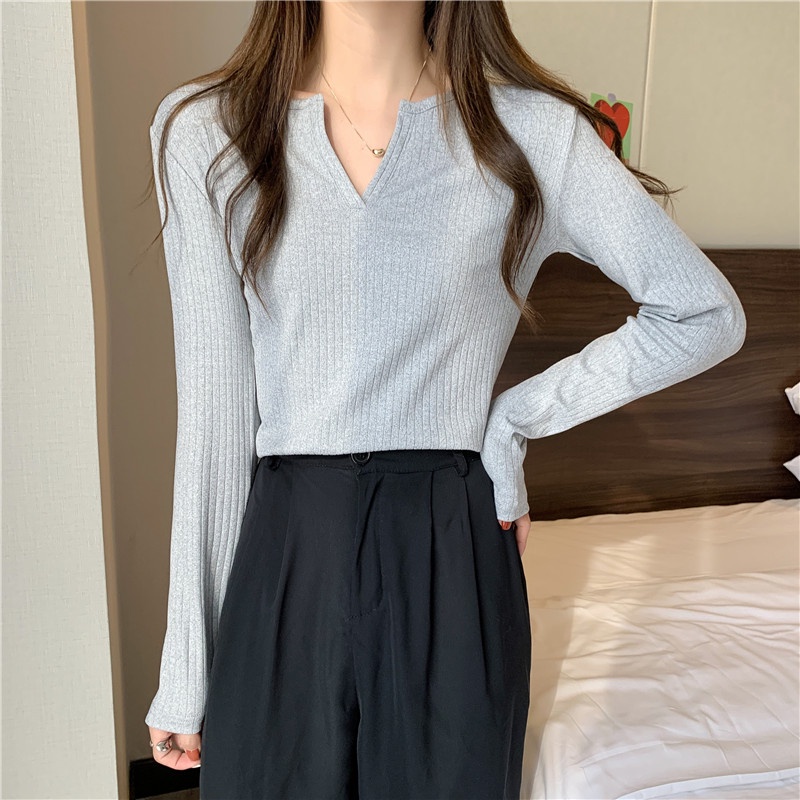 Áo SUXI tay dài cổ chữ V màu sắc đơn giản phong cách vintage