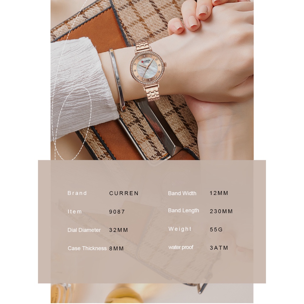 Đồng hồ thạch anh Curren 9087 bằng thép không gỉ phong cách thể thao thời trang chống nước cho nữ