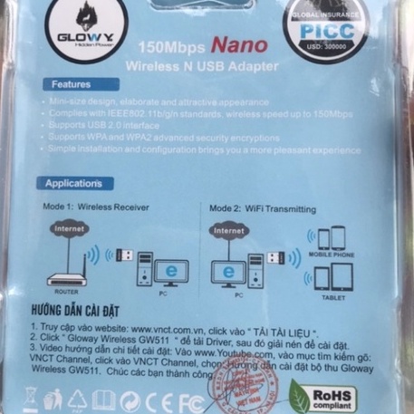 Đầu USB Thu Bắt Sóng Wifi Không Dây Cho Máy Tính Bàn Laptop PC Glowy USB Nano 2.4Ghz 801 N 150Mgbs GW511