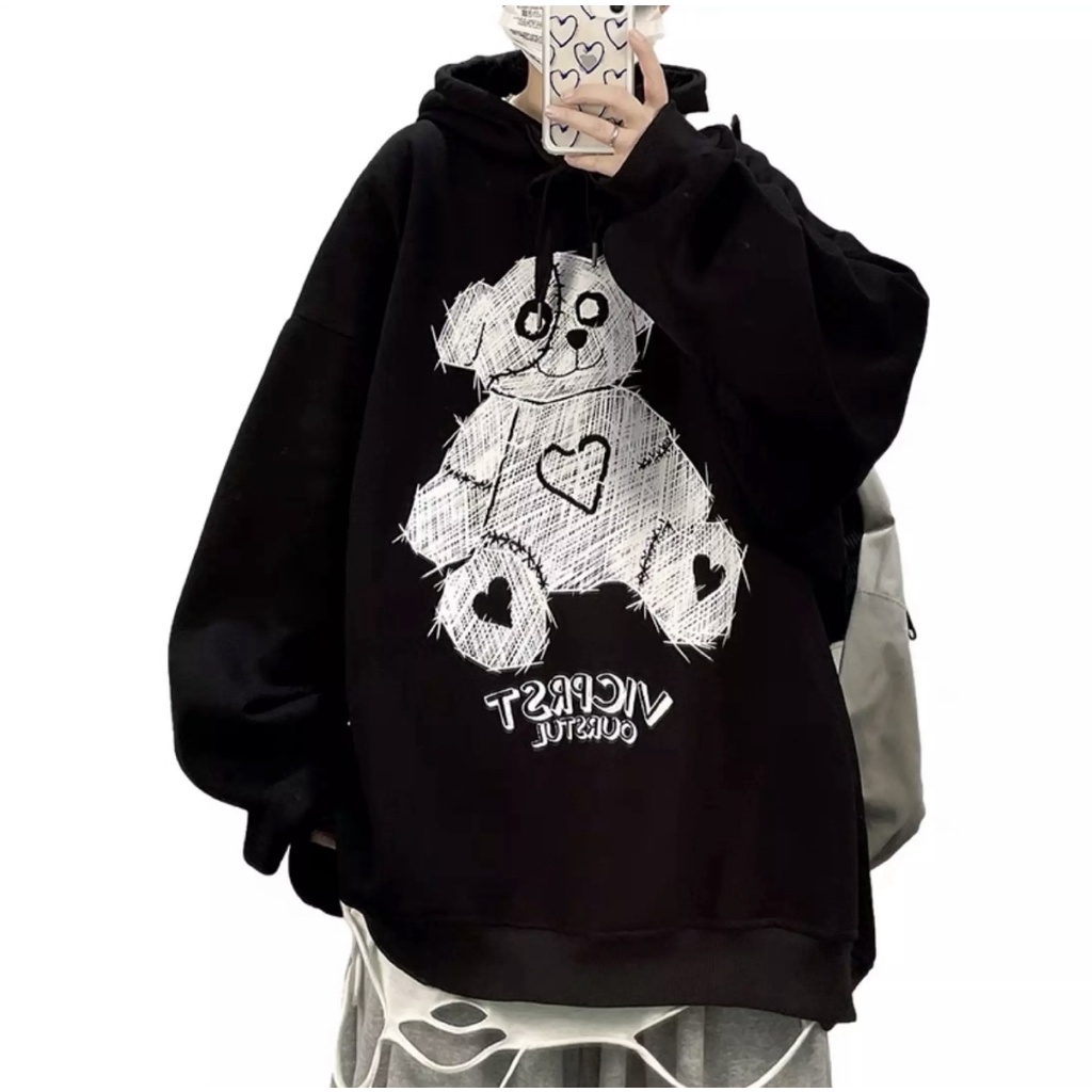 Áo Khoác Hoodies Unisex Form Rộng In Hình Chú Gấu - Chống Lạnh Thời Trang