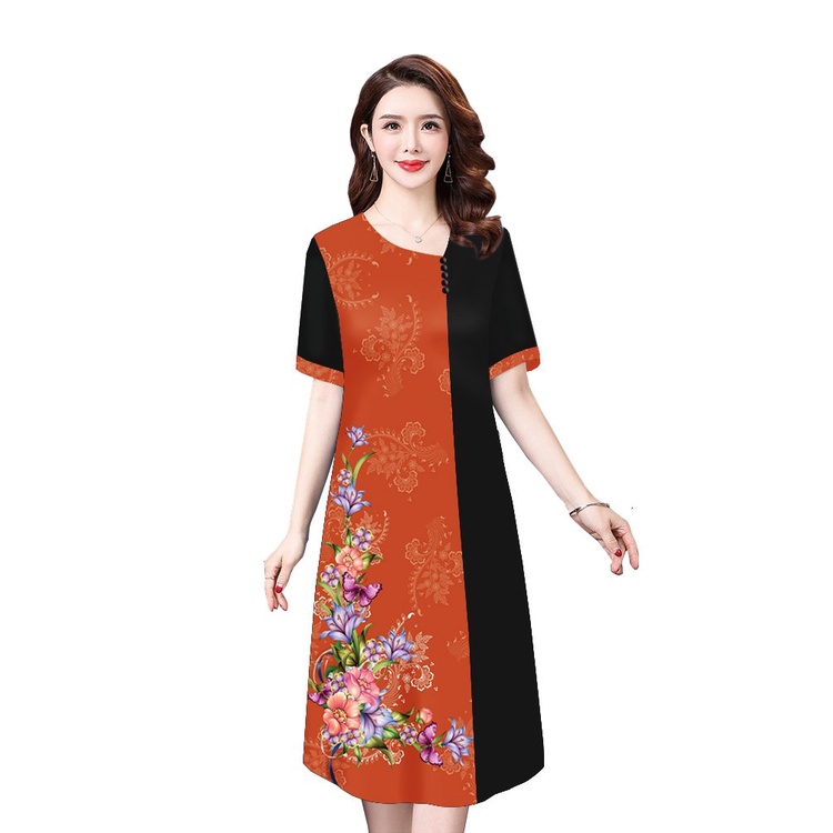 Đầm Suông Dáng Dài Tuổi Trung Niên Dự Tiệc Cấp In Hoa Lá Phối Màu Vải Lụa Cho Mẹ U50 3333 3334