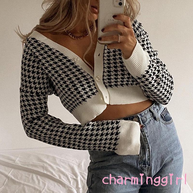 Áo Khoác Croptop Dệt Kim Tay Dài Cổ Chữ V In Họa Tiết Houndstooth Thời Trang Mùa Thu