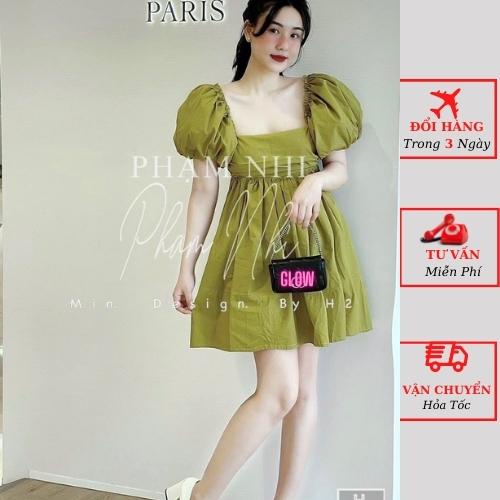 Váy thô nữ xanh babydoll tiểu thư tay phồng cổ vuông nơ lưng ulzzang Hàn Quốc yolo fashion