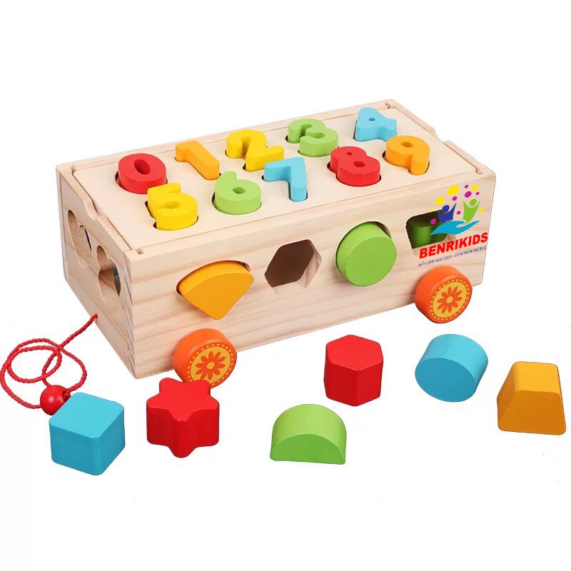 Đồ Chơi Giáo Dục Kết Hợp Vận Động Montessori Xe Kéo Gỗ Thả Hình Kết Hợp Học Số Đếm