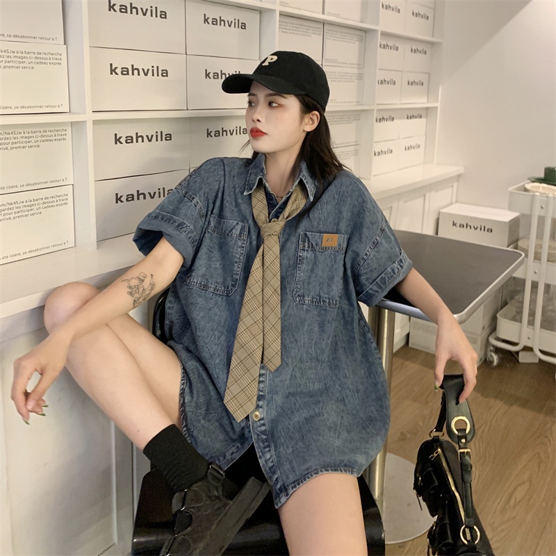 Áo Sơ Mi Denim Tay Ngắn Dáng Rộng Phối Túi Thời Trang Mùa Hè Cho Nữ