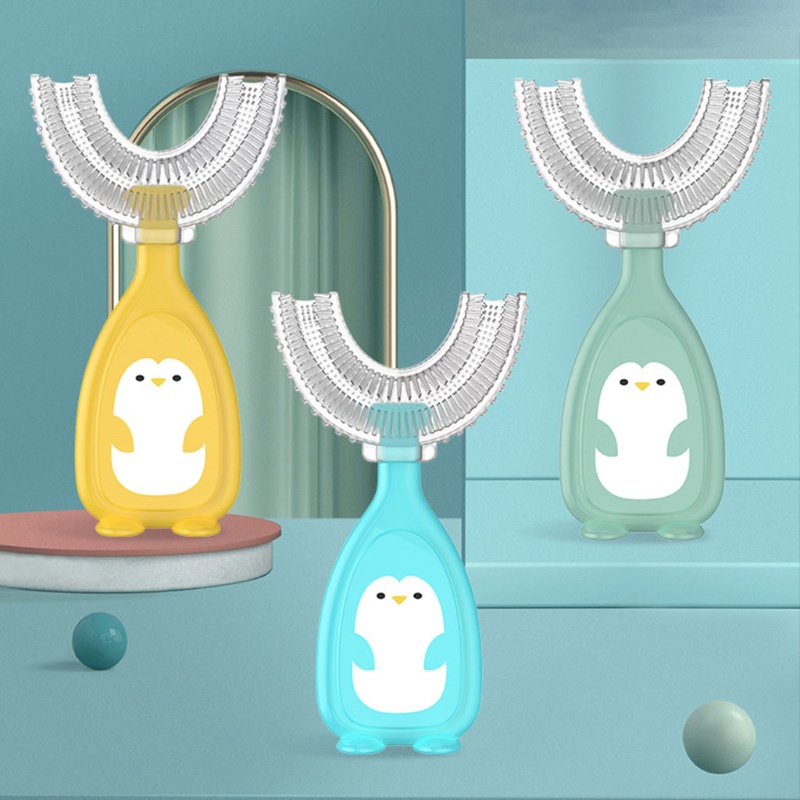 Bàn chải đánh răng mọc nướu hình chữ U gắn hình chim cánh cụt hoạt hình bằng silicone mềm cho em bé