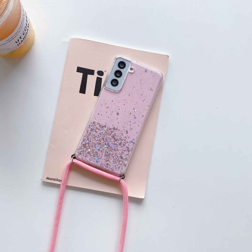 Ốp điện thoại trong suốt lấp lánh có dây đeo cổ cho Samsung Galaxy Note 20 Ultra S20 FE S21 Plus Note 10 Pro A32 4G