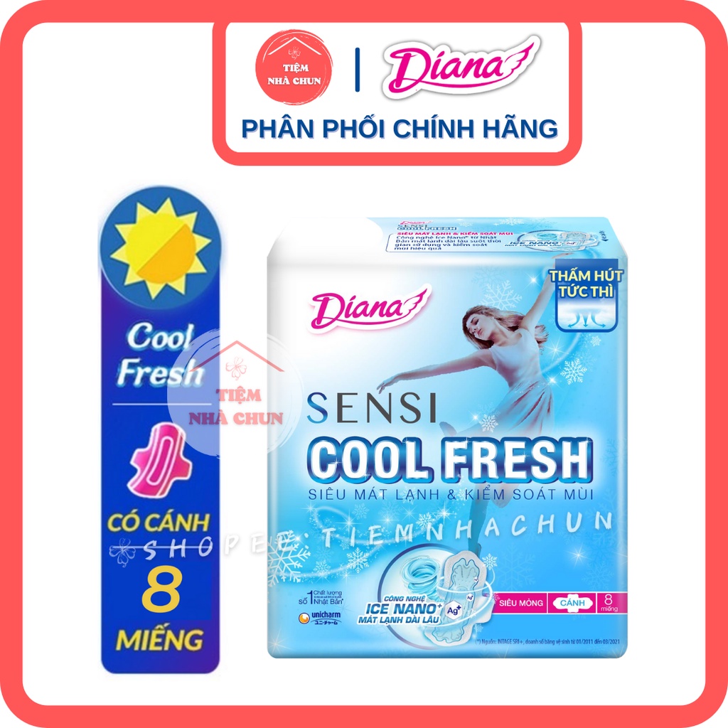 CHE TÊN -  Băng Vệ Sinh Diana Sensi Cool Fresh Siêu Mỏng Mát Lạnh Có Cánh - TIEMNHACHUN