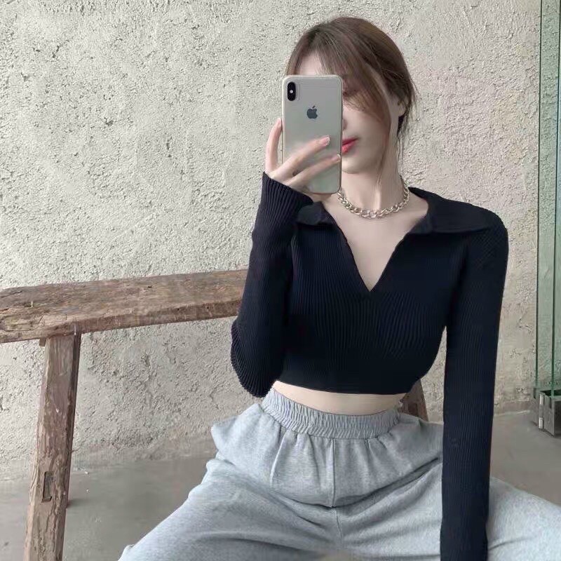 Áo croptop cổ bẻ tay dài phối thắt nơ lưng