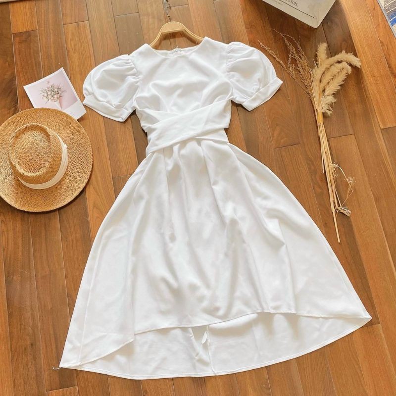 ❤Đầm trắng xòe dự tiệc dây chéo eo thắt nơ sau ulzzang hàn quốc