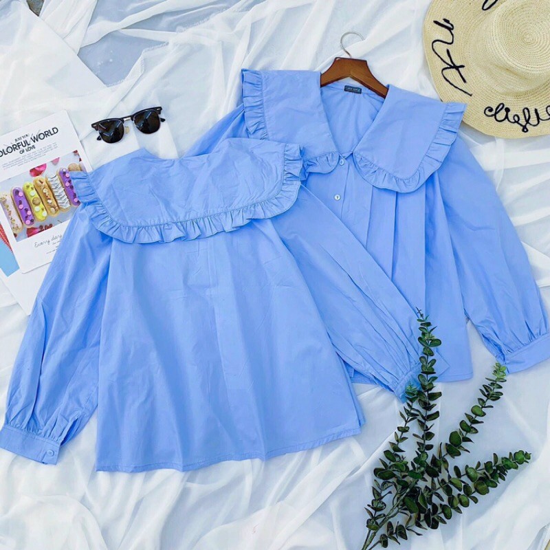 Áo sơmi xanh baby blue tay phồng cổ sen bèo xếp ly