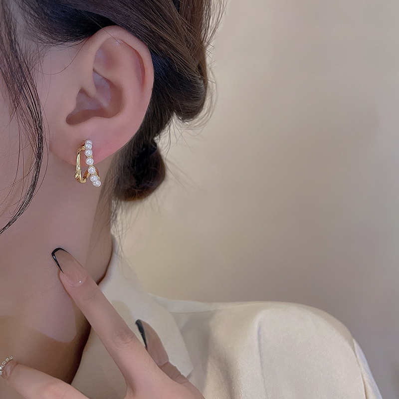 Khuyên Tai Ngọc Trai Hai Lớp Bằng Kim Loại A-490