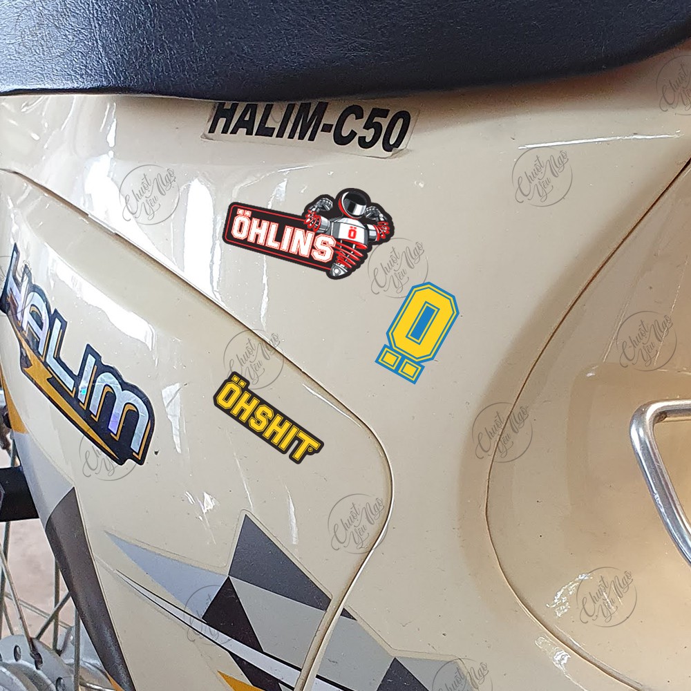 Combo 25 hình tem dán decal chống nước logo Ohlins trang trí dán xe máy, nón bảo hiểm,...