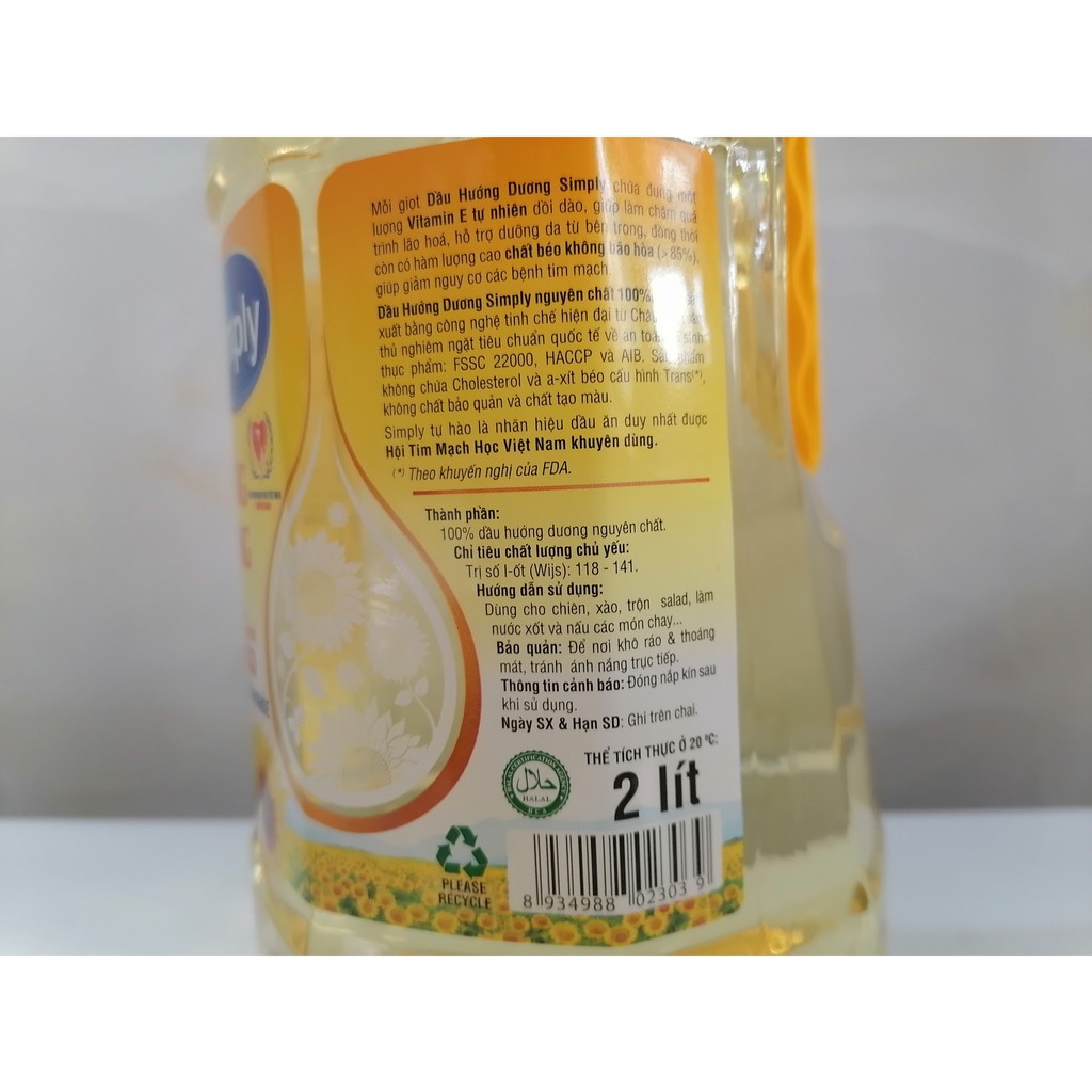 [2 Lít] Dầu hướng dương [VN] SIMPLY Sunflower Oil (halal) (alc-hk5)