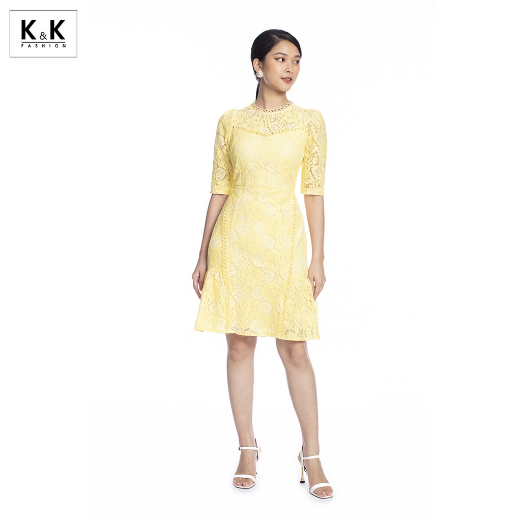 [Mã KKFA50KK giảm 50K đơn 0Đ] Đầm Ren Ôm Body Tay Lỡ K&amp;K Fashion KK106-36 Màu Vàng Vải Ren