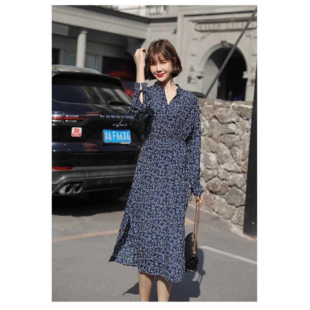 Korean Vintage Long Sleeve Casual Dresses Women Spring Summer Print V Neck Midi Dress Blue | BigBuy360 - bigbuy360.vn