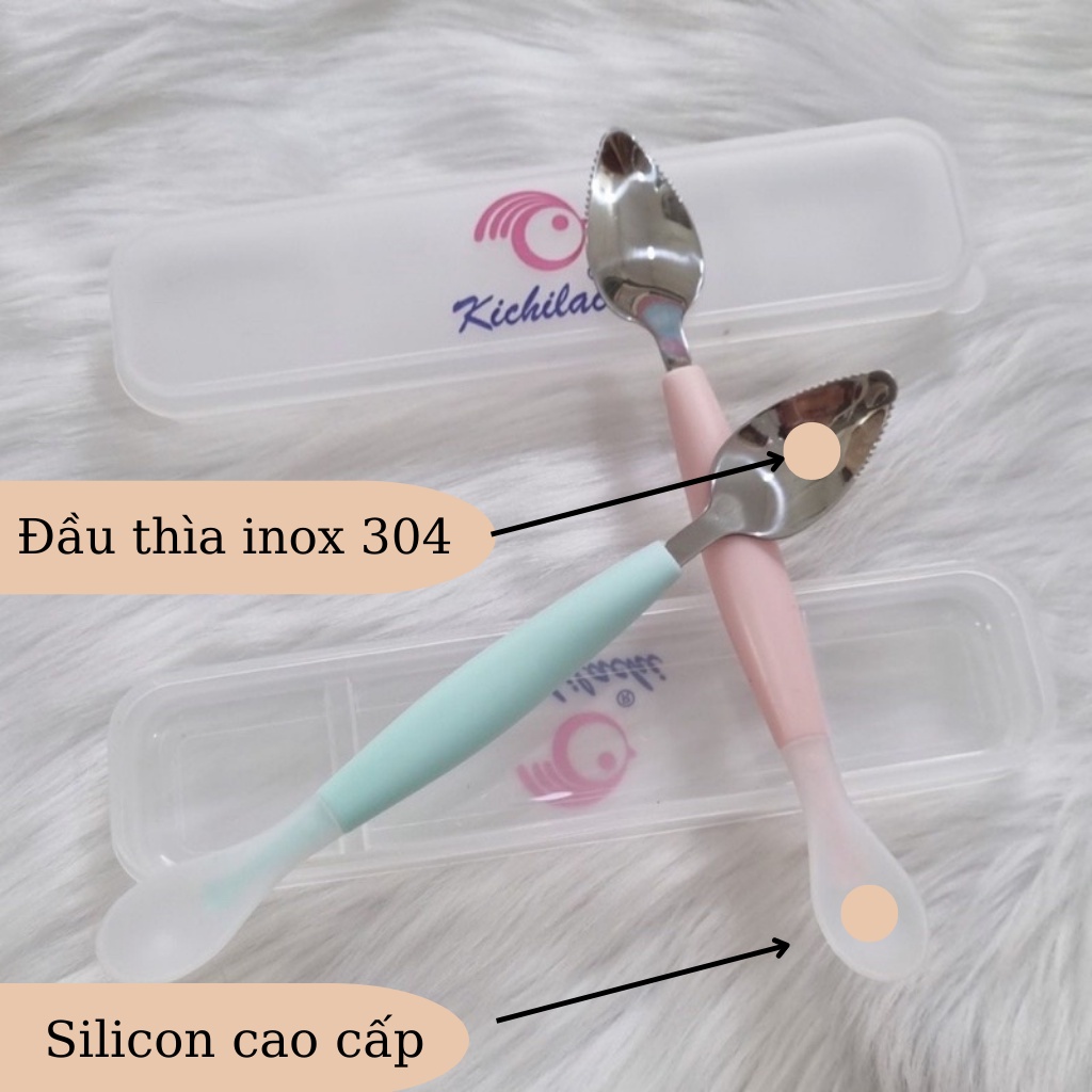 Thìa nạo hoa quả 2 đầu inox và silicon, Chính hãng Kichilachi cho bé kèm hộp đựng an toàn vệ sinh cho bé