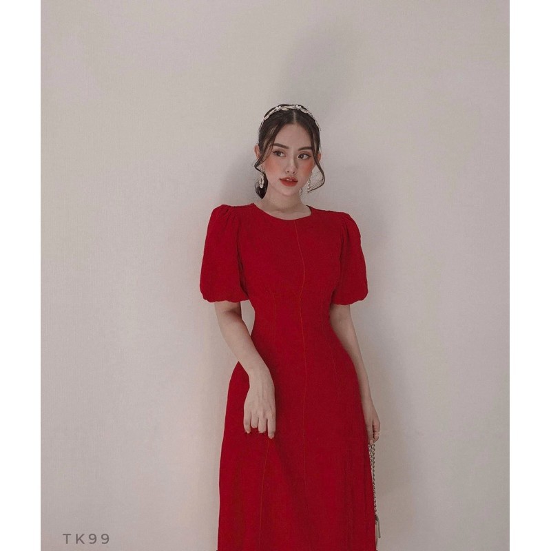 Đầm nữ đẹp đi tiệc midi tay lửng phồng viền sọc váy dự tiệc công sở sang trọng nữ tính K N Boutique