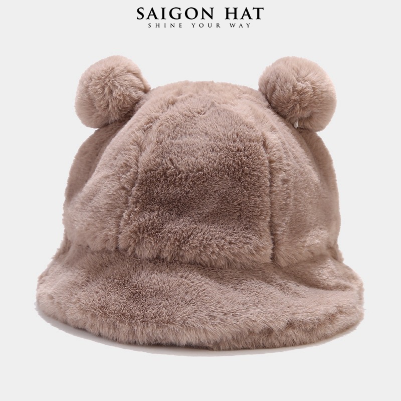 Nón bucket nữ lông mịn mũ tai bèo tai gấu dễ thương chuẩn form đẹp thời trang thu đông phong cách Hàn Quốc