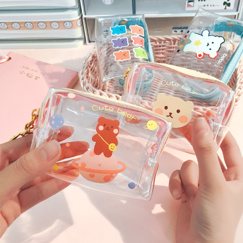 Túi Đựng Tiền Xu Mini Trong Suốt Có Khóa Kéo Chống Thấm Nước Họa Tiết Hoạt Hình Dễ Thương