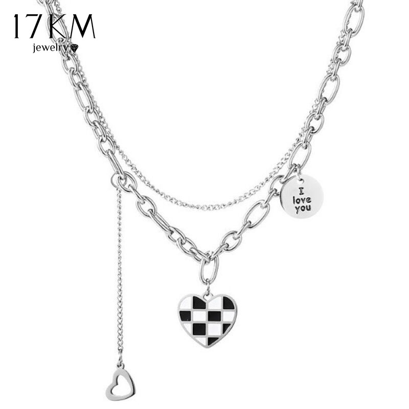 Vòng cổ hai lớp 17KM phối mặt hình trái tim họa tiết kẻ ô trắng đen kiểu retro dành cho nữ