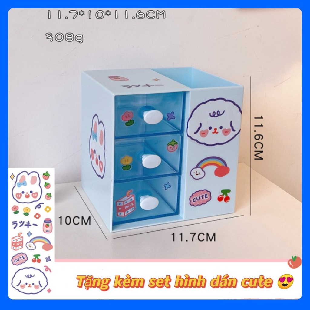 Kệ đựng bút, trang sức để bàn tủ văn phòng 5 ngăn trong suốt kèm sticker decor hộp kéo nhiều ô cute