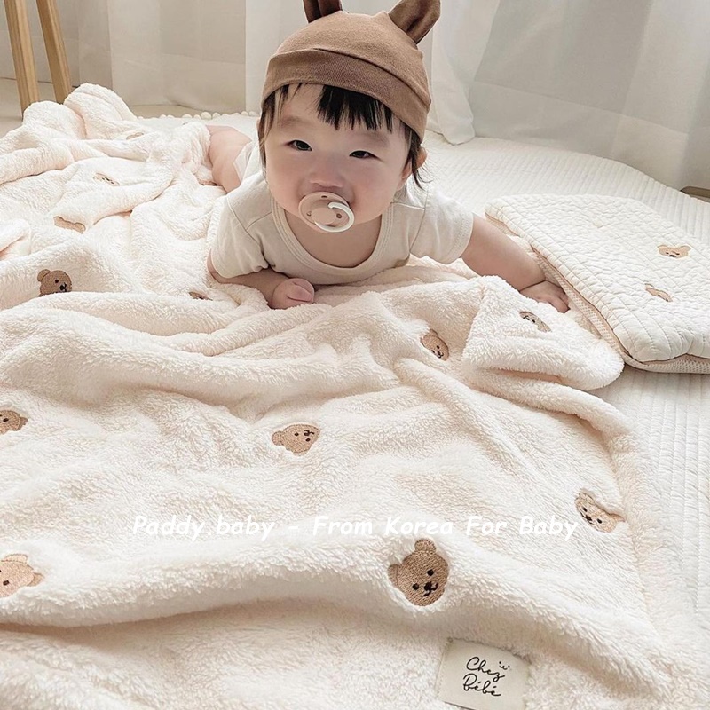 Chăn lông tuyết 2 mặt thêu gấu Chezbebe - Hàn Quốc cho bé