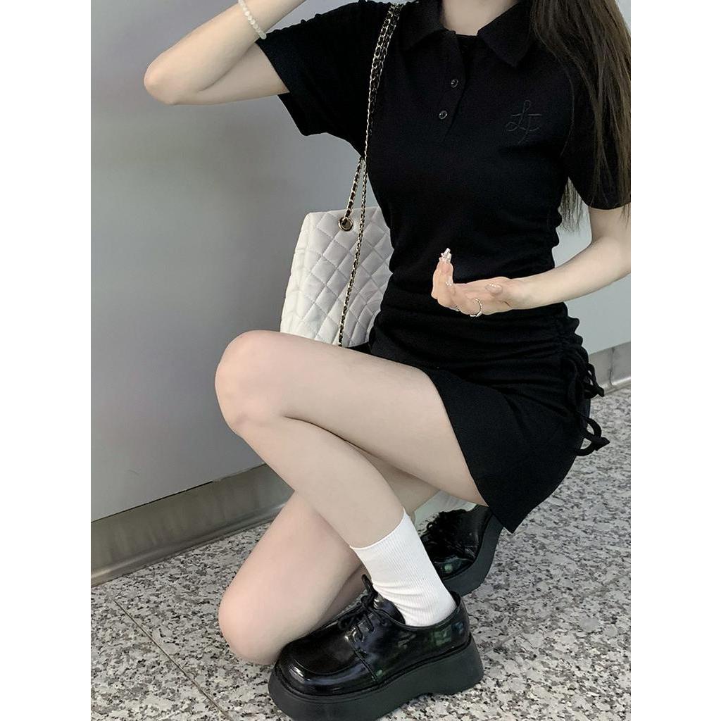 Đầm Thun Ngắn Tay Cổ Bẻ Thiết Kế Rút Dây Eo Thời Trang Nữ Tính