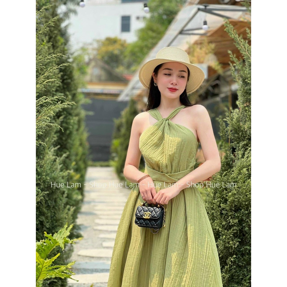 Đầm Midi cổ yếm xoắn thắt eo cột nơ sau lưng dáng xòe tiểu thư thanh lịch màu xanh bơ siêu xinh mặc đi làm dạo phố
