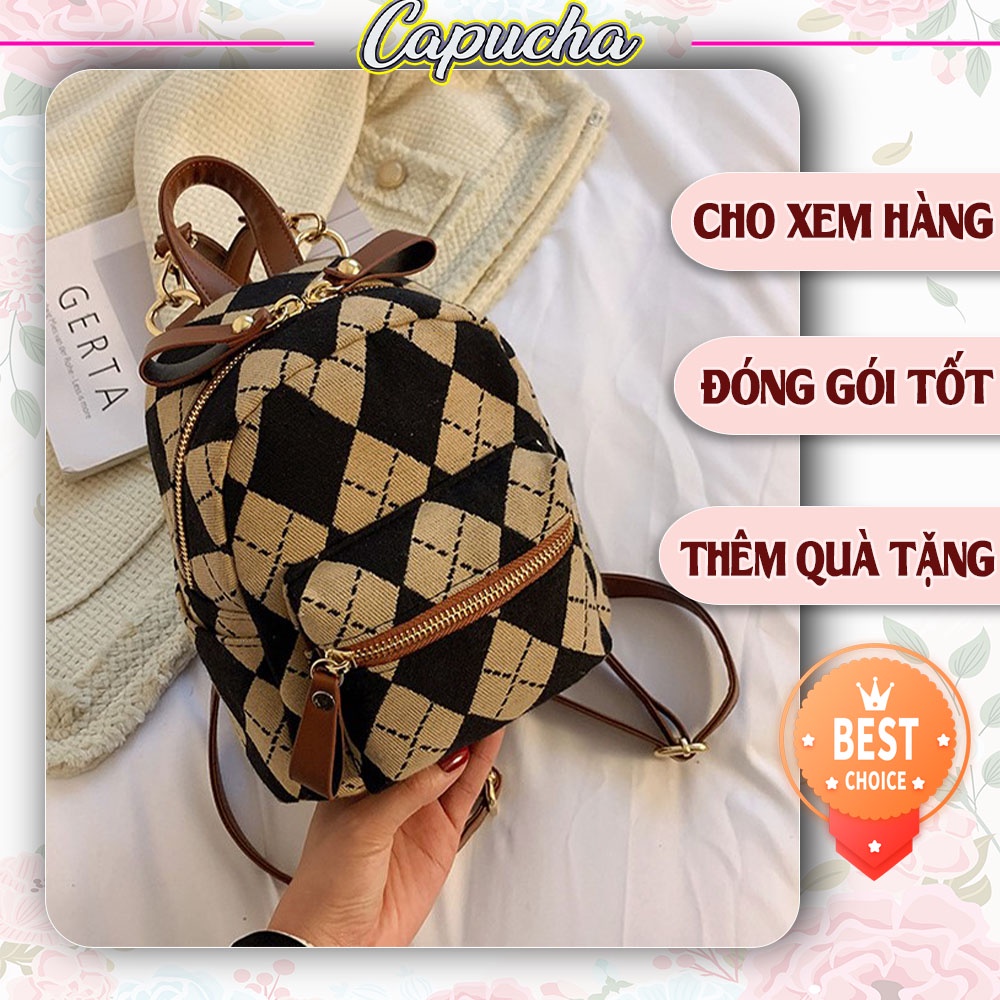 Ba lô nữ vải dạ chất kẻ caro thời trang Hàn Quốc Capucha BL9