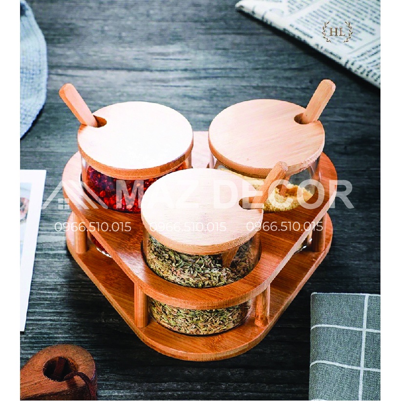GIÁ SỈ Hũ hủ hộp đựng gia vị thủy tinh đẹp, lọ đựng gia vị cao cấp bộ đựng gia vị đẹp hộp tròn nắp gỗ kèm thìa tiện lợi