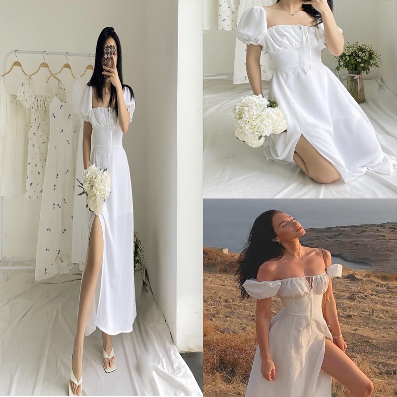 Đầm maxi trắng rớt vai dây cổ yếm váy nữ ulzzang dáng dài mặc du lịch biển siêu xinh thời trang