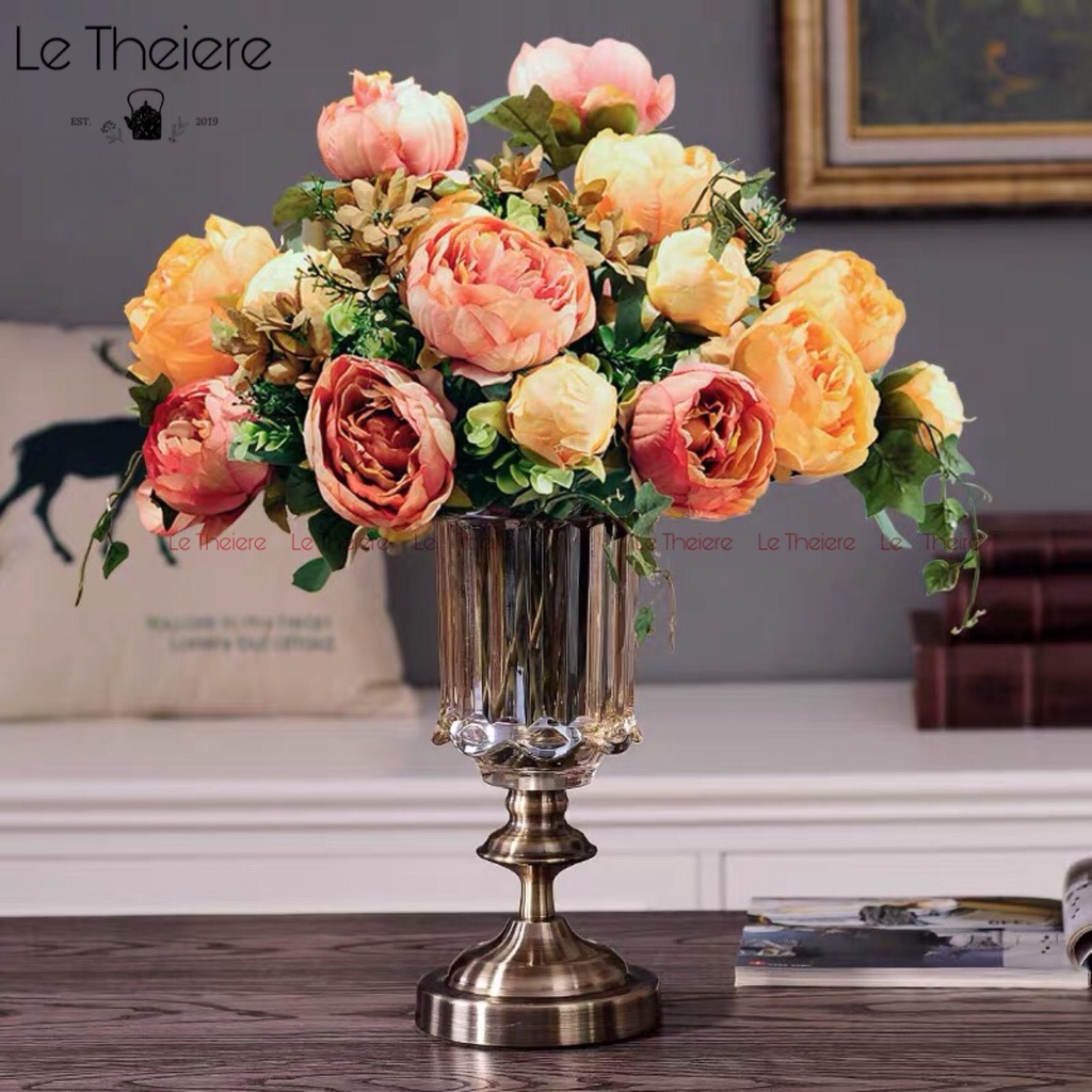 Bình Hoa Thủy Tinh Lọ Cắm Hoa Pha Lê Cao Cấp Đế Đồng Decor Châu Âu BL05