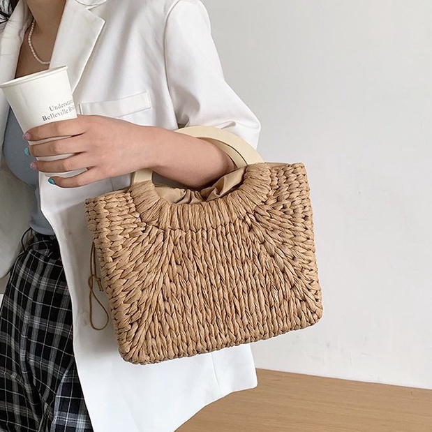 Túi cói bẹ bắp chữ nhật - quai gỗ lép cầm tay