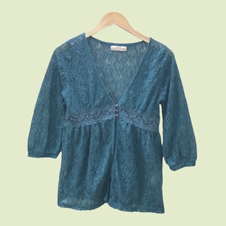 Áo tay dài ren màu xanh cổ vịt đóng khuy fairycore vintage