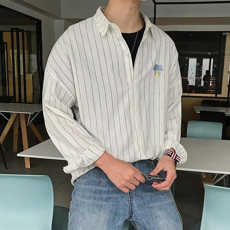 Áo Sơ Mi Tay Dài Cổ Vuông Họa Tiết Kẻ Sọc 4 Màu Sắc Thời Trang Mùa Thu Nhật Bản Cho Nam Giới Có Size M-2XL