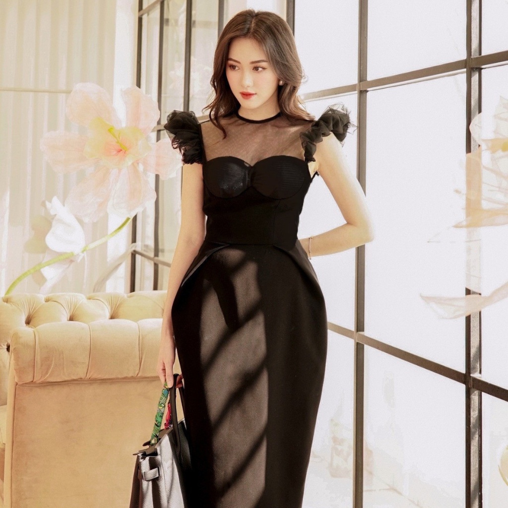 Váy đầm NILA DRESS, phối ren,  màu đen sang trọng đi tiệc  LEMINA.