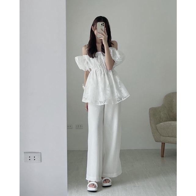 (Video thật) Áo trễ vai tay bồng dáng xoè kèm quần dáng dài và ngắn