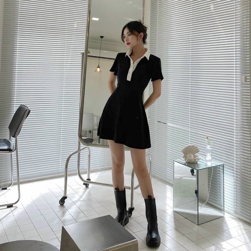 [Rẻ Vô Địch] Đầm Ngắn Polo Đen Viền Cổ Trắng