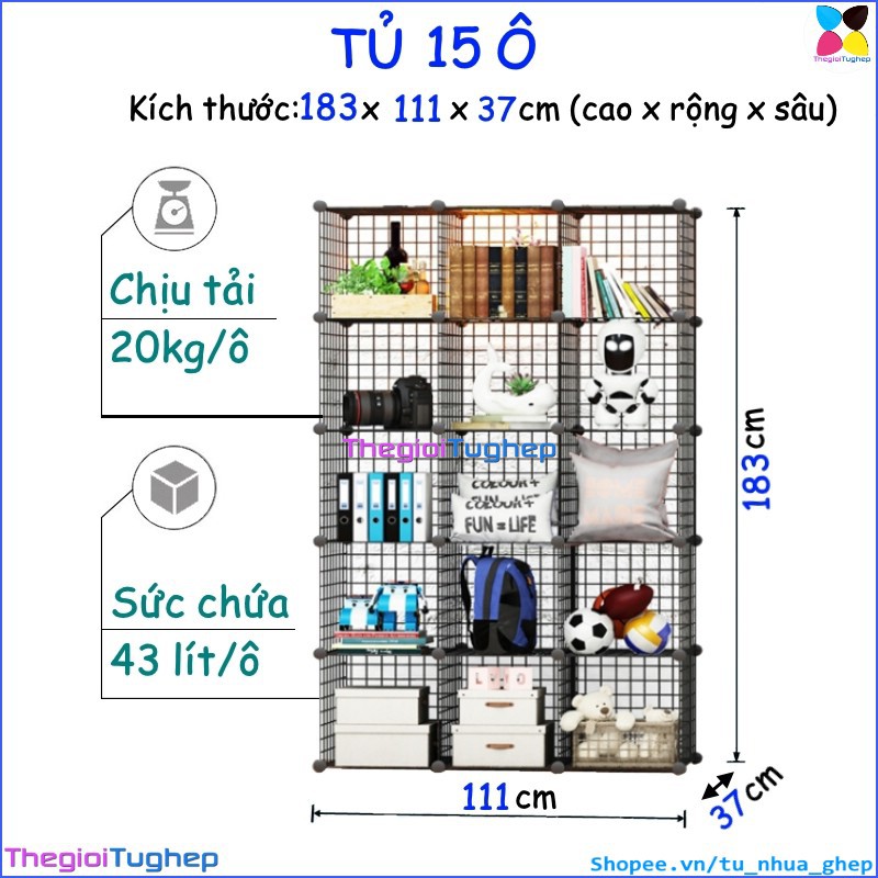 Tủ lưới sắt lắp ghép đa năng hiện đại để sách, đồ dùng trang trí phòng làm việc 15 ô