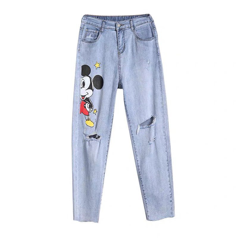 Quần jean baggy nữ màu Xanh Đá Nhạt in hình Chuột Sao Phom To đủ size MLJ