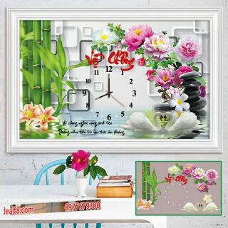 Tranh đính đá đồng hồ vợ chồng 75x50cm