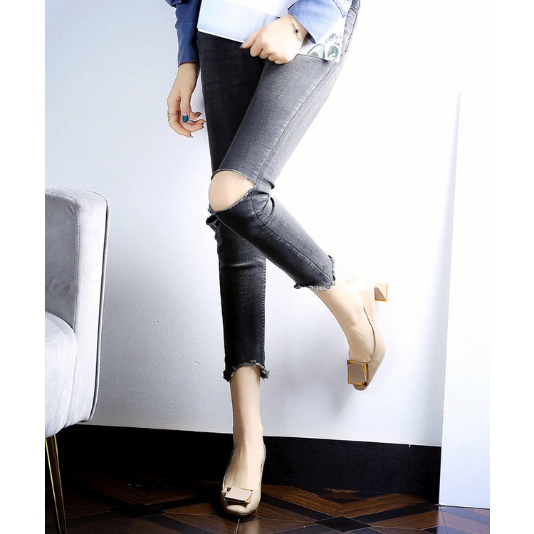 Giày Gót Dày Mũi Tròn Bằng Da Bóng Phối Khóa Kim Loại Thời Trang Công Sở Mùa Thu 22 Cho Nữ