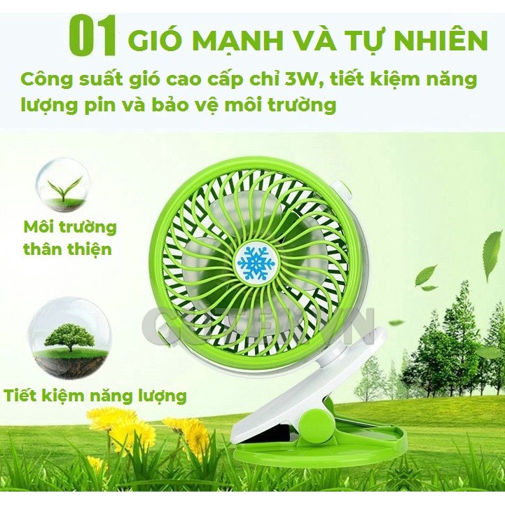 Quạt mini tích điện để bàn kẹp bàn kẹp xe đẩy em bé đa năng 3 tốc độ gió Gutek F186