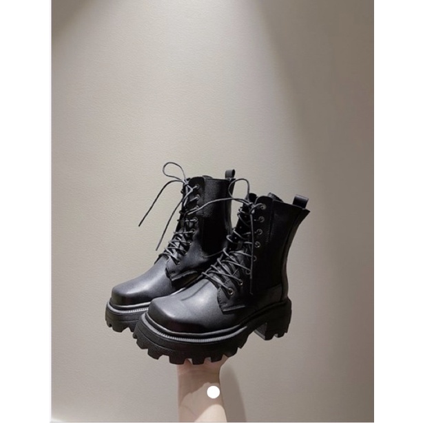 Boots nữ - giày bốt nữ ullzzang cao cổ buộc dây tăng chiều cao 4cm-7cm đế bằng cao gót trắng-đen