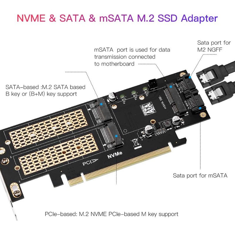 Thẻ chuyển đổi 3 trong 1 NGFF và MSATA SSD MSATA sang M.2 NVME sang PCIE/M.2 SATA SSD sang SATA III/MSATA sang SATA cho 2280/2260/2280