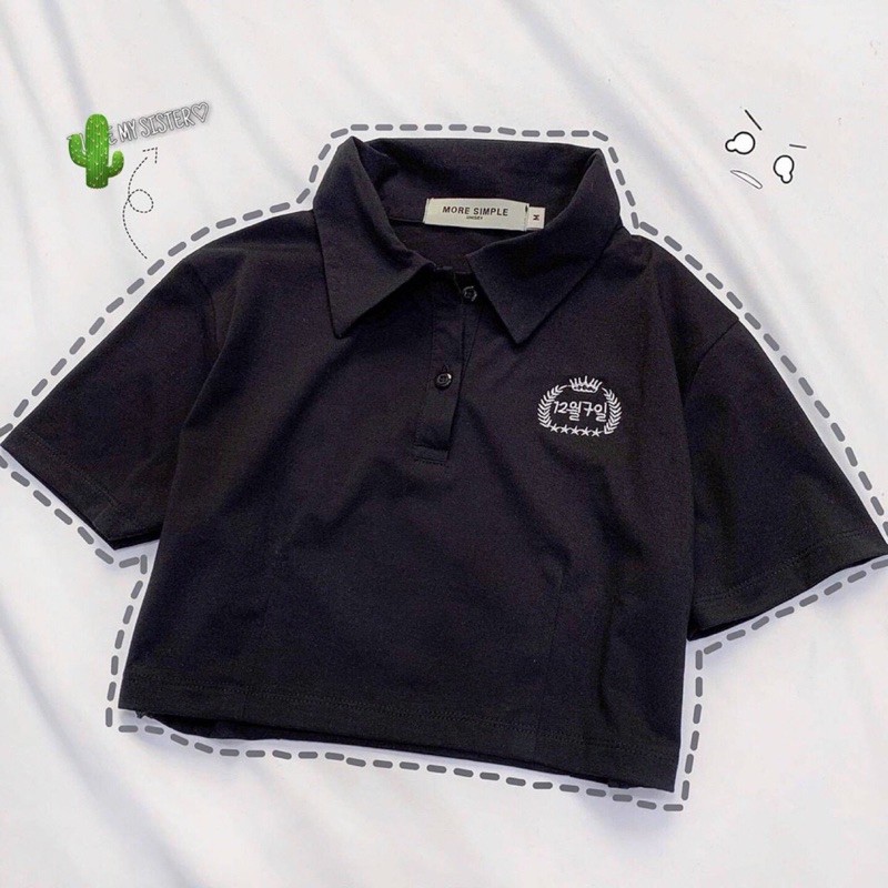 Áo thun polo croptop thêu logo 2 màu đen trắng thun porip