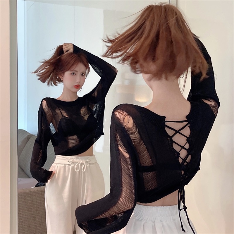 Porozi  Áo sweater dệt kim tay dài thiết kế rách phong cách Hàn Quốc thời trang cá tính cho nữ